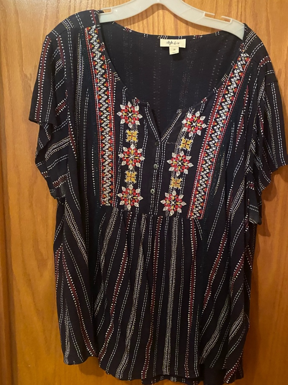 Style & Co Plus Size Embroidered Navy Boho Split-Neck Women's Top